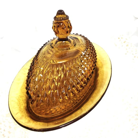 Indiana Glass Amber Diamond Point 70's  Oval Covered Butter Dish Vtg - Picture 6 of 12
